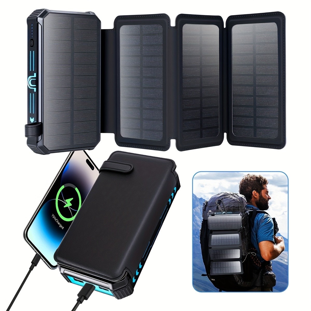 4 Panel Solar Power Bank Pack 36800mAh Battery Fast Charger For Phone Camping