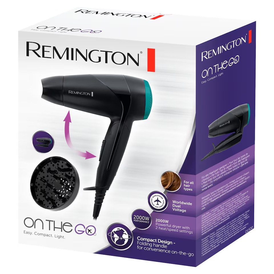 Remington D1500 Compact Travel Hair Dryer, Diffuser, Folding Handle, 2000W NEW👩
