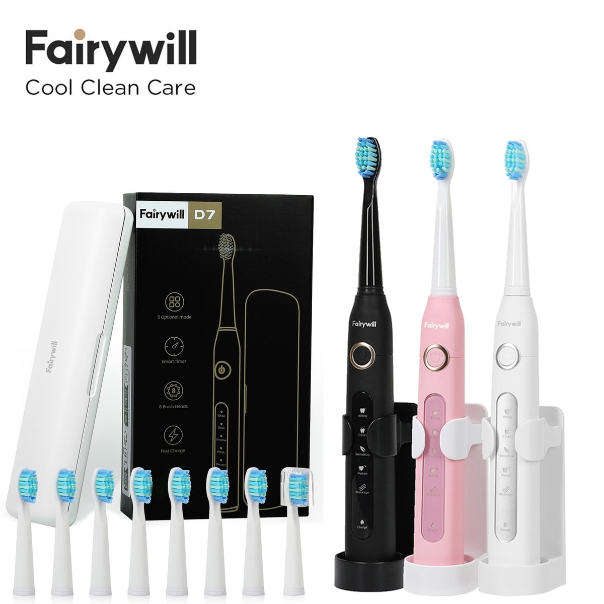Fairywill Sonic Electric Toothbrush 5 Modes Timer 8 Brush Heads with Travel Case