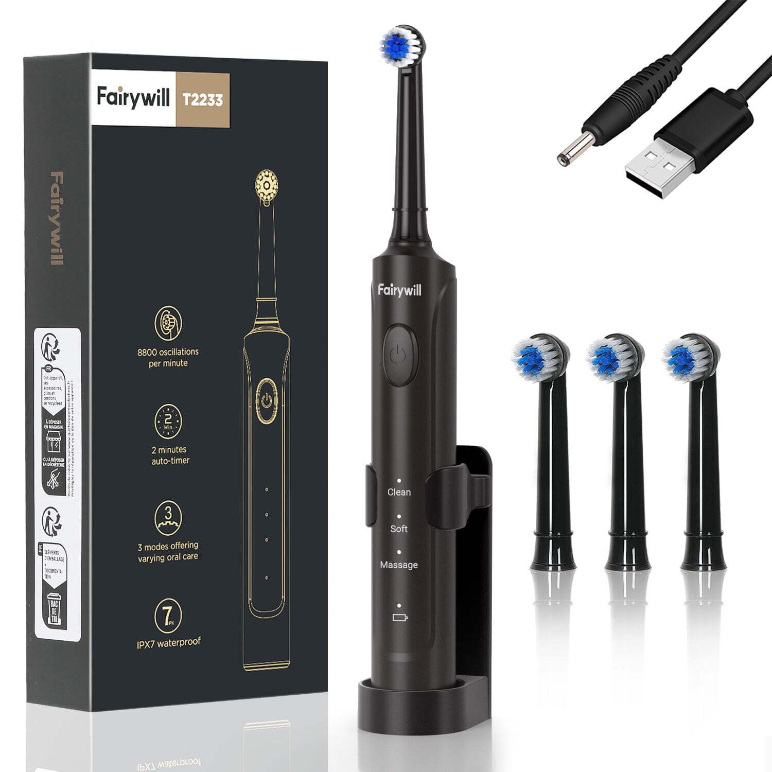 Fairywill Rotating Sonic Electric Toothbrush USB Rechargeable 4 Brush Head Timer
