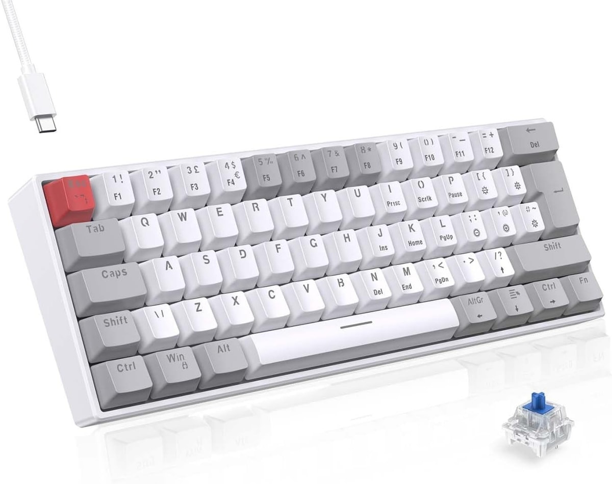 TECURS 60% Mechanical Gaming Keyboard Blue Switch Wired LED UK Layout White Grey