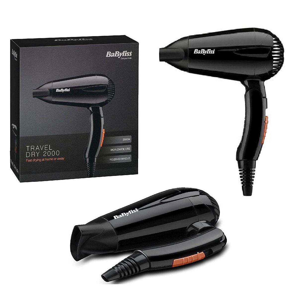 Babyliss Travel 2000 W Hair Dryer Lightweight Compact Small With Folding Handle