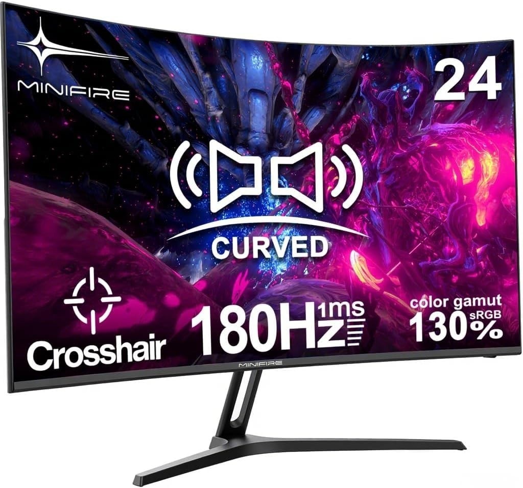 Minifire 24 Inch Curved Gaming Monitor 180Hz, Built in Speaker, FHD 1920x1080