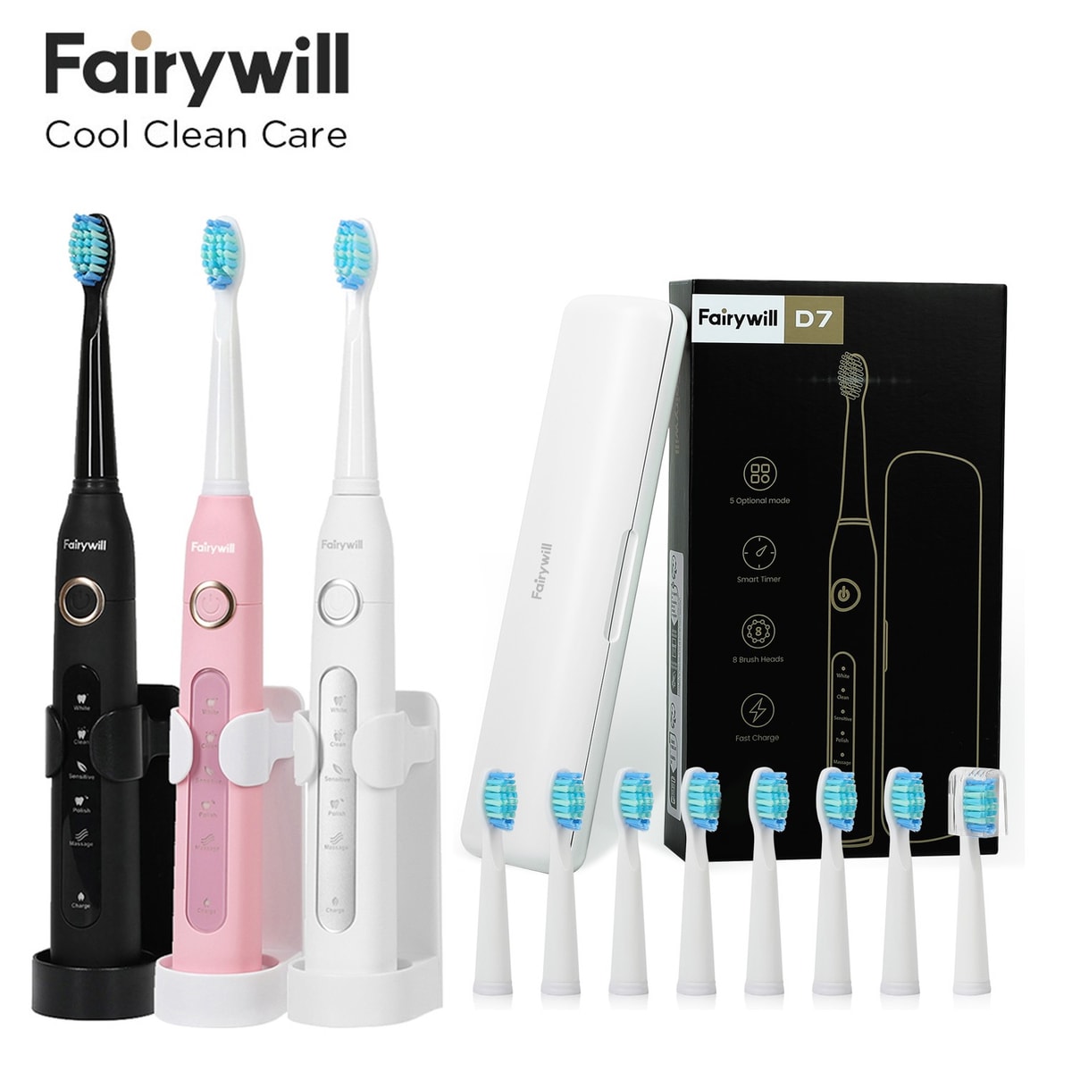 Fairywill Sonic Electric Toothbrush with 8 Brush Heads 5 Mode Timer Travel Case