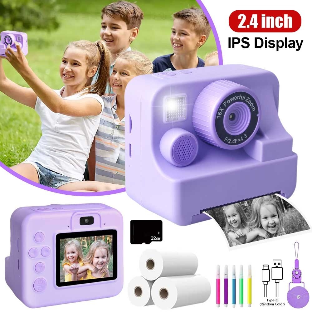 32GB Digital Camera Instant Print Photo 2.4 Inch IPS Scren USB Charging for Kids