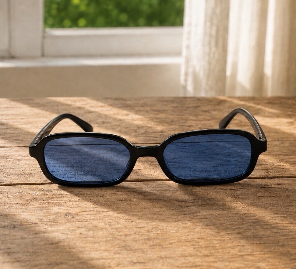 Rectangular Sunglasses Black Plastic Frame with Blue Tinted Plastic Lenses
