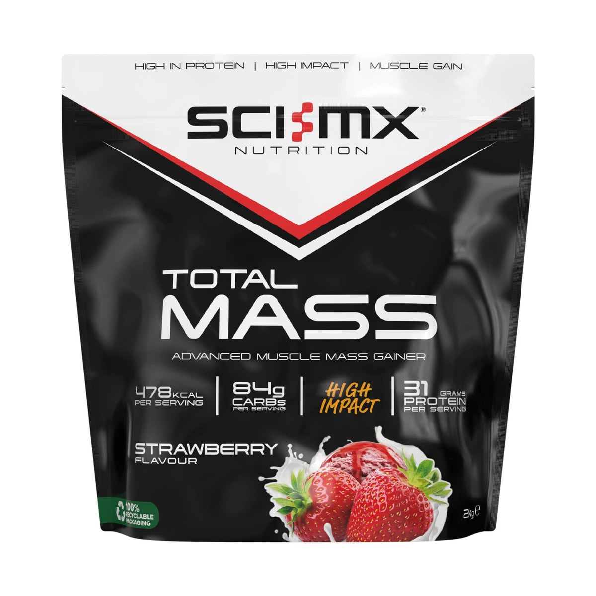 Sci-MX Total Mass Gainer Protein Powder 2kg High Calorie Weight Shake Strawberry