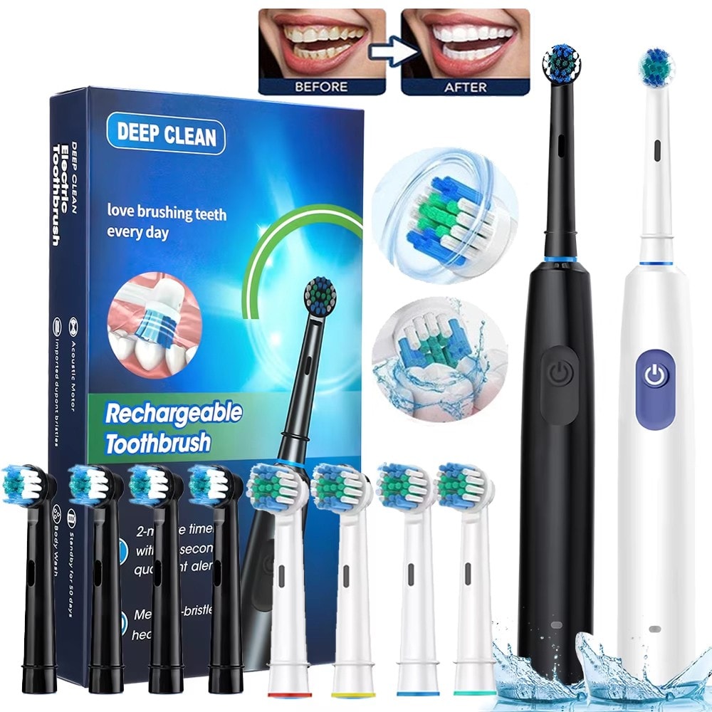 Rotating Electric Toothbrush Rechargeable With 4 Brush Heads 5 Modes Timer USB