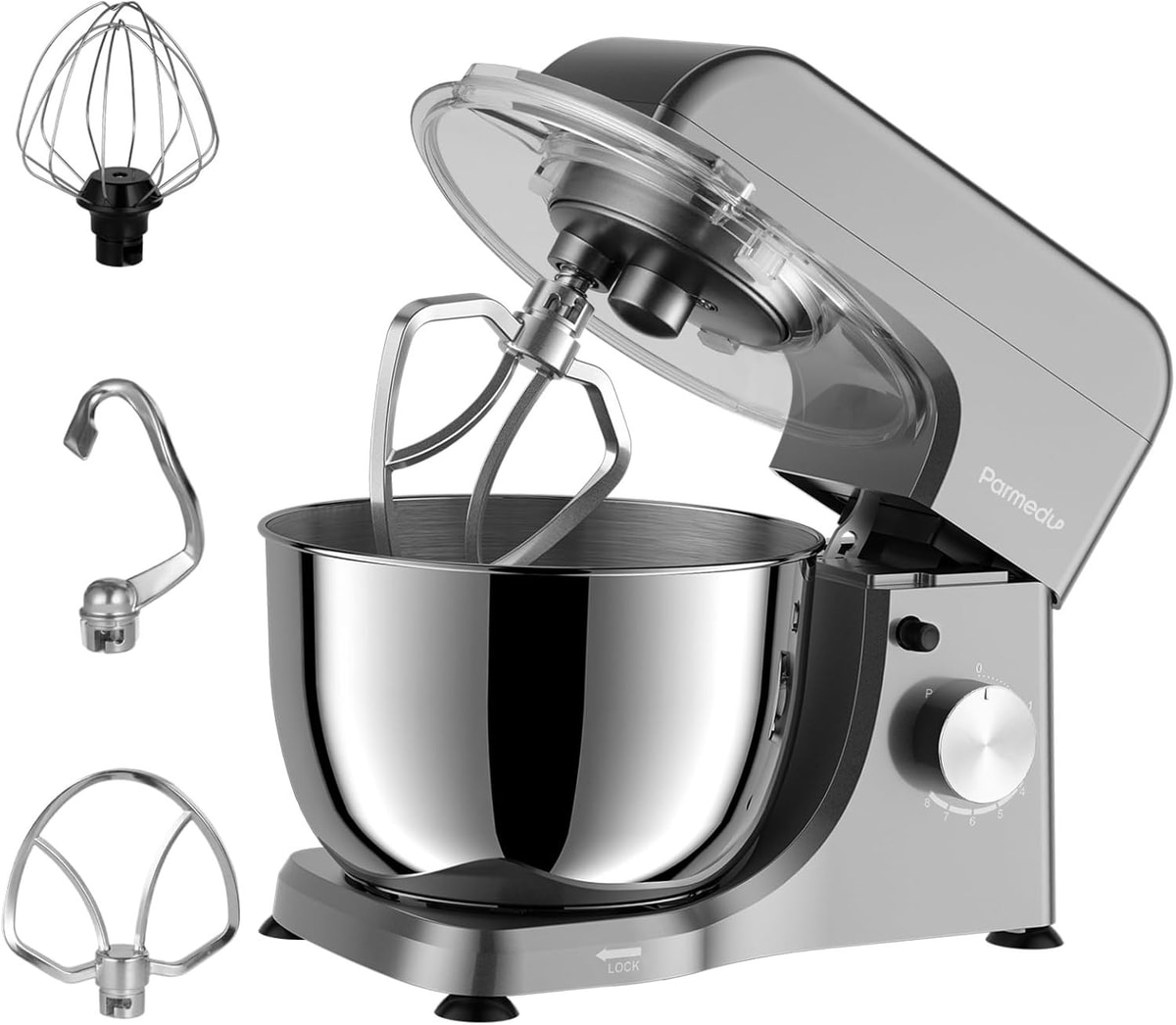 Parmedu Electric Kitchen Stand Mixer: 1000W 8-Speed Compact Tilt-Head Grey