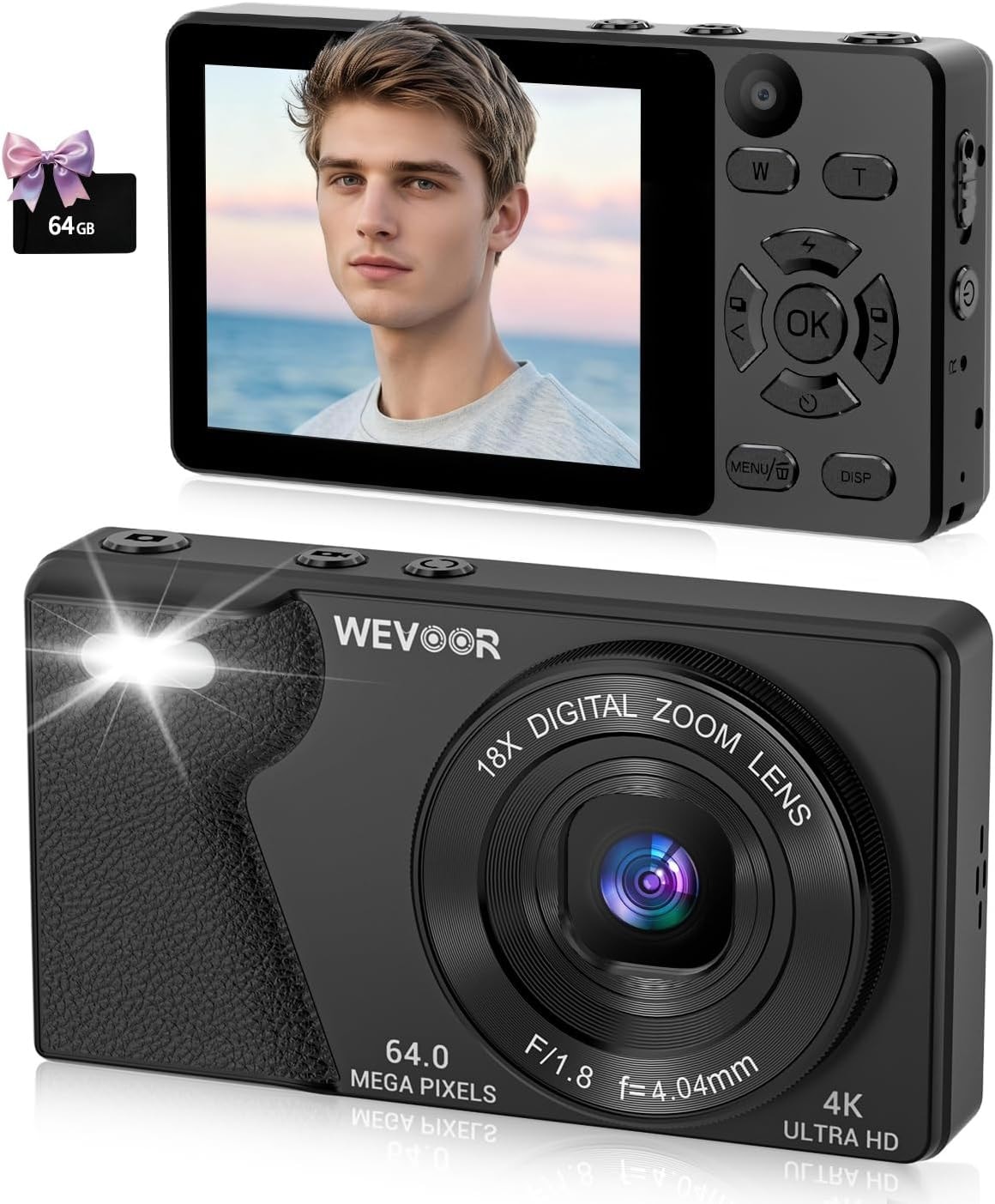 4K Digital Camera 64MP Autofocus Compact Camera 64GB for Travel Party with Dual-