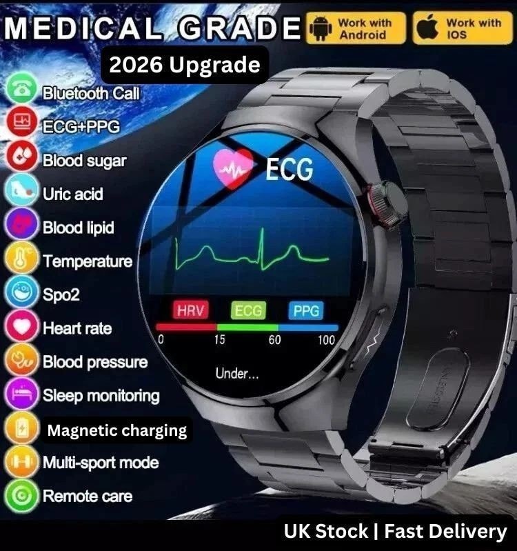 UK 2026 New Medical Grade Smart Watch Blood Pressure Oxygen Heart Rate Bluetooth