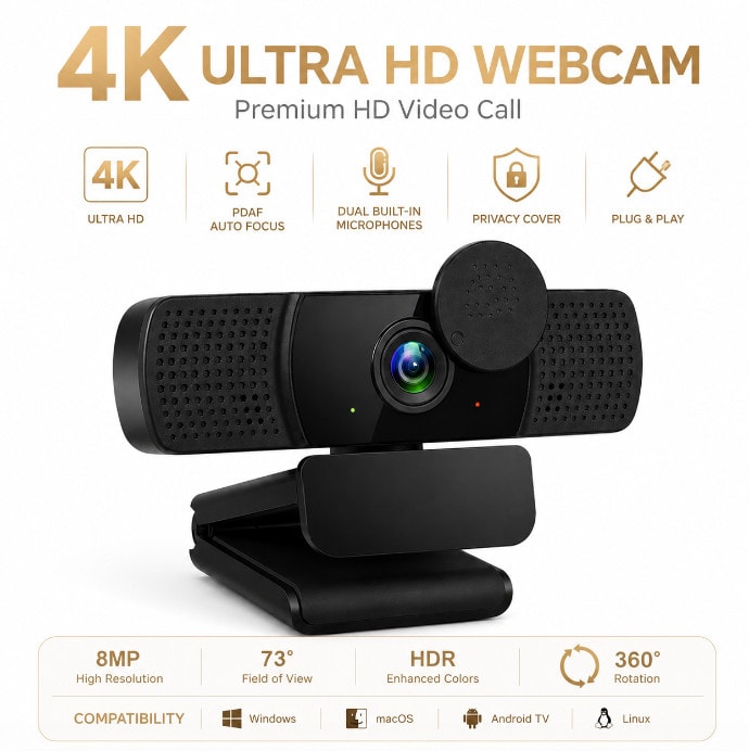 4K HD 1080P Webcam USB AutoFocus Web Camera With Microphone For PC Laptop UK