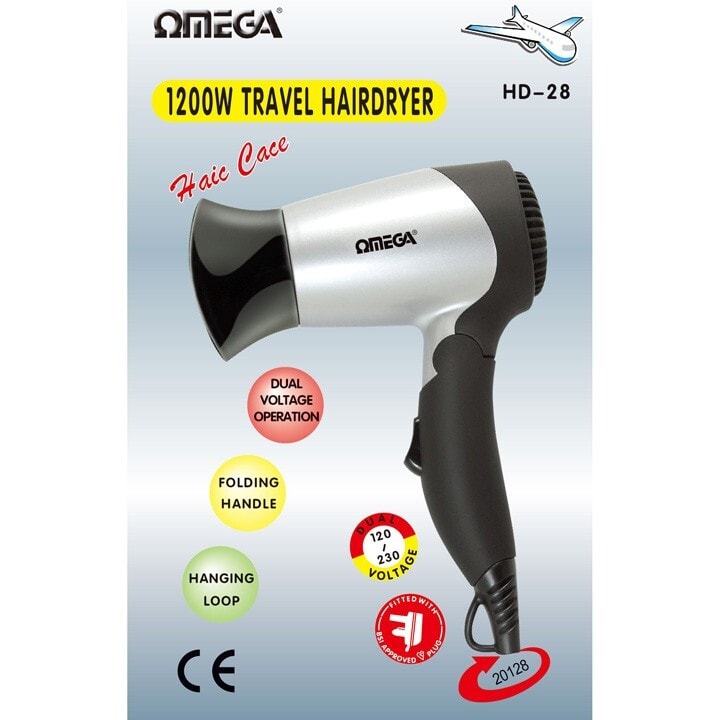 Omega 20128 Dual Voltage 1200W Folding Handle Travel Hair Dryer