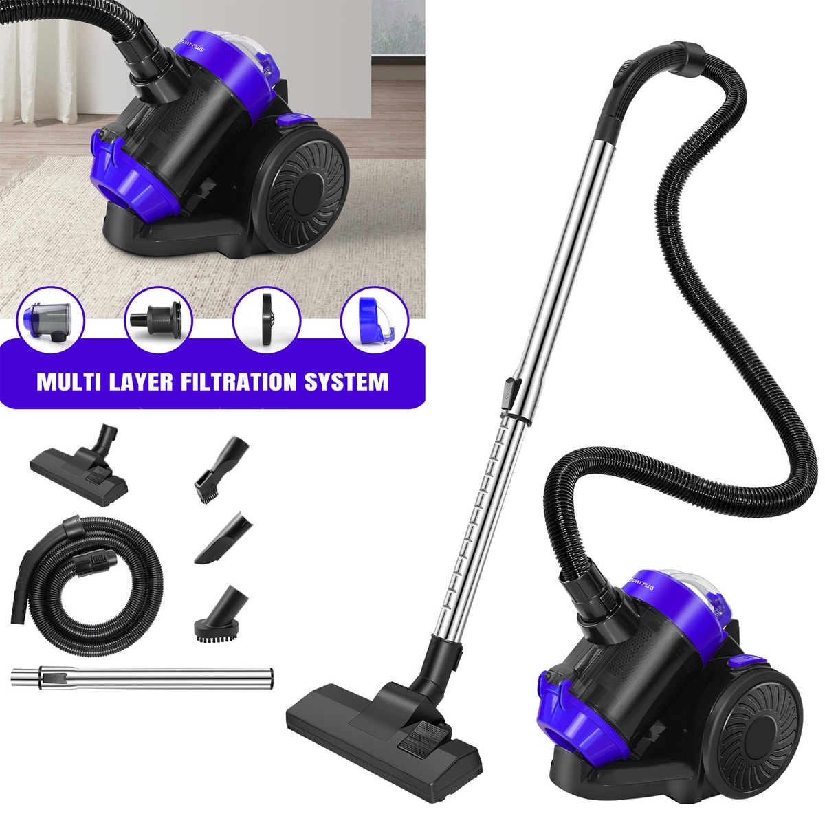 Bagless Cylinder Vacuum Cleaner Hoover Compact Lightweight Powerful Cyclonic Vac