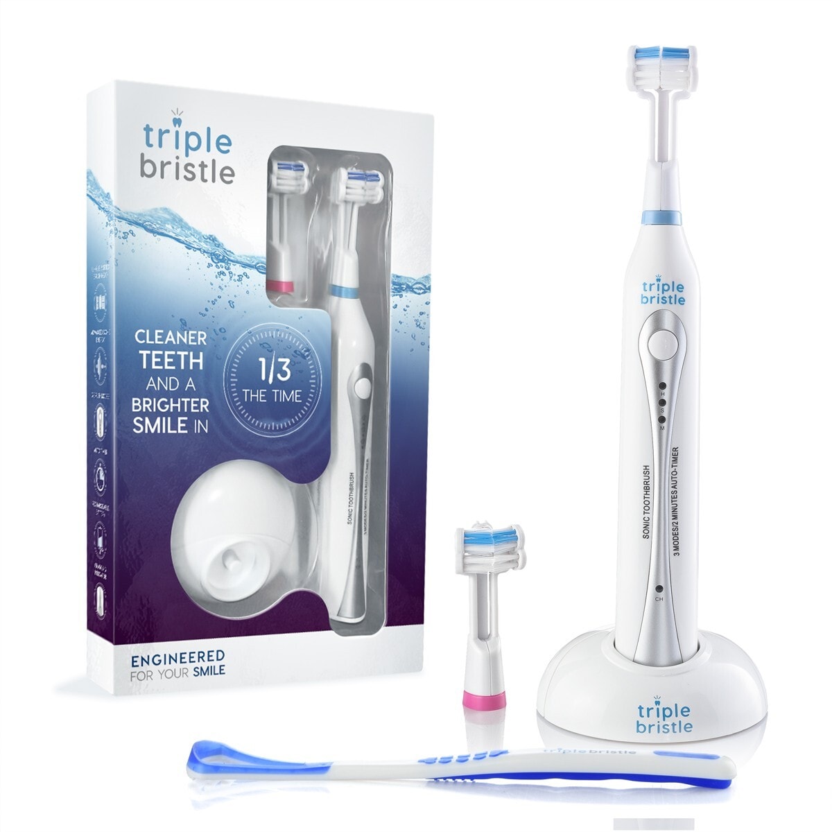 Triple Bristle 3-Sided Electric Rechargeable Sonic Toothbrush