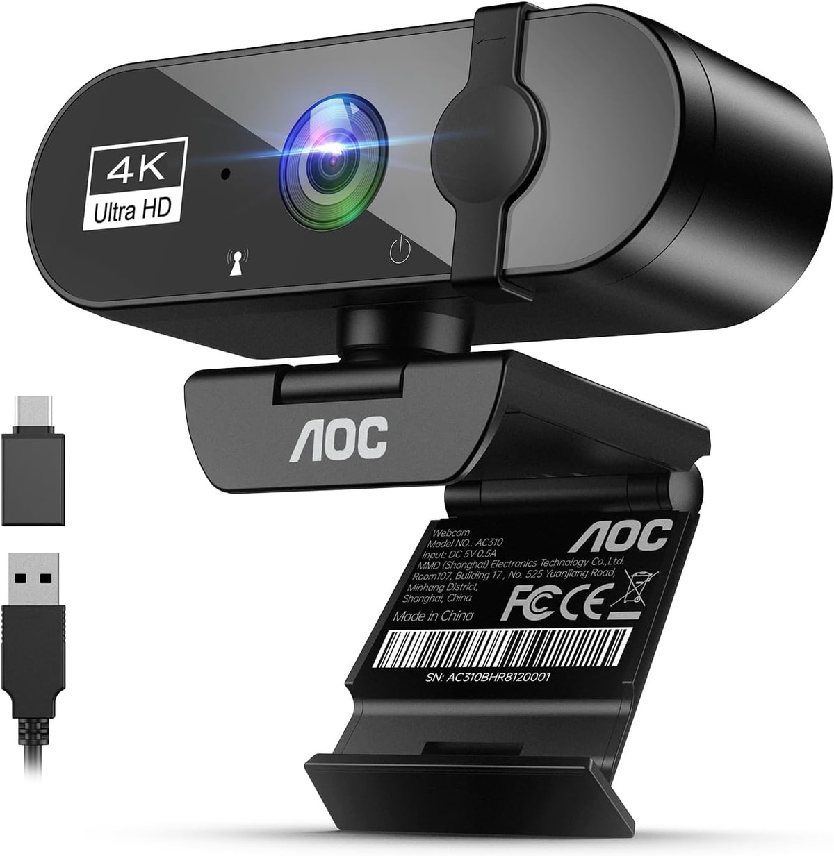 AOC Webcam for PC with Microphone, 4k Computer Camera with Noise Cancellation, W