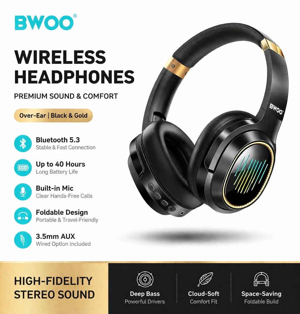 TWS Wireless Bluetooth 5.4 Headphones LED RGB ANC Over-Ear Earphones