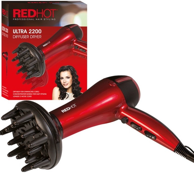 Red Hot Ultra 2200 Professional Diffuser & Concentrator Hair Dryer Long 2m Cord