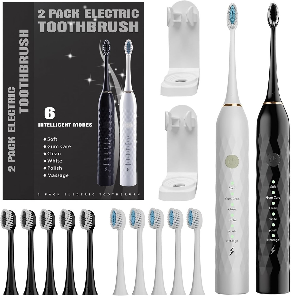 Sonic Electric Toothbrush 2-Pack Rechargeable 12 Heads & Holders Black/White