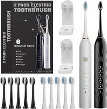 Sonic Electric Toothbrush 2-Pack Rechargeable 12 Heads & Holders Black/White