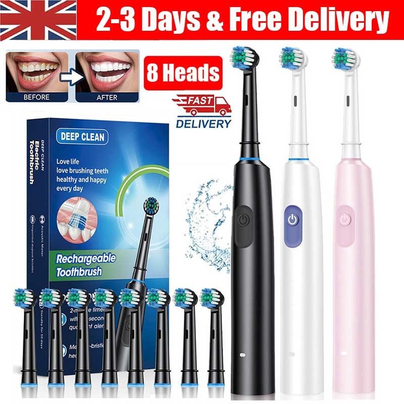 UK Rotating Electric Toothbrush Rechargeable With 8 Brush Heads 5Modes Timer USB