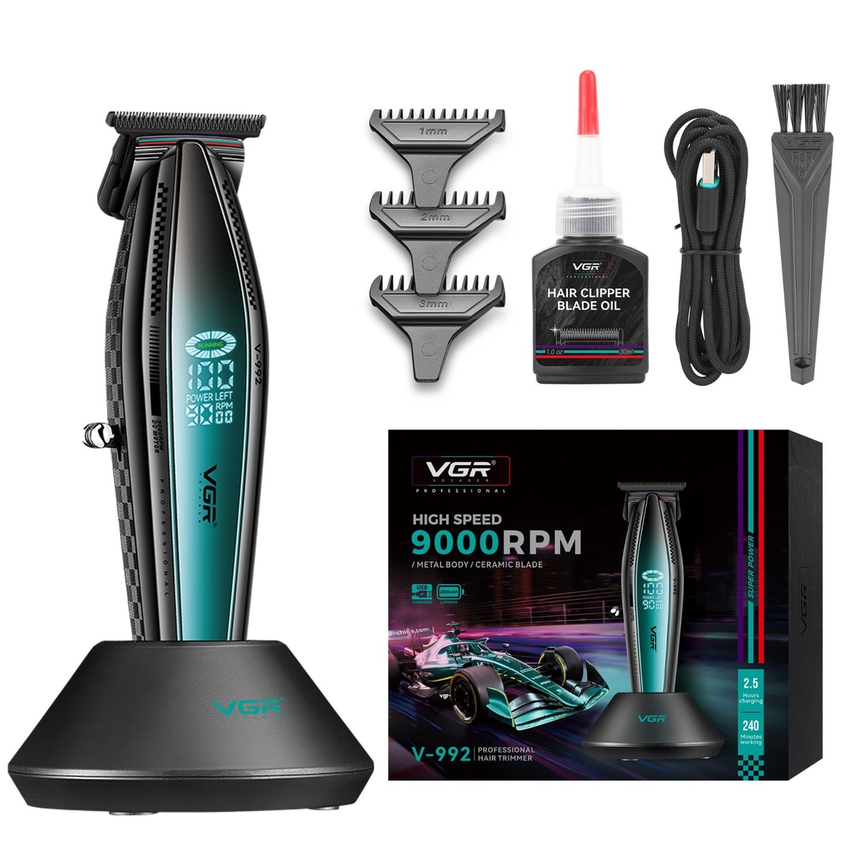 VGR Beard Hair Trimmer Men Professional Cordless Rechargeable Barber Shaver Kit
