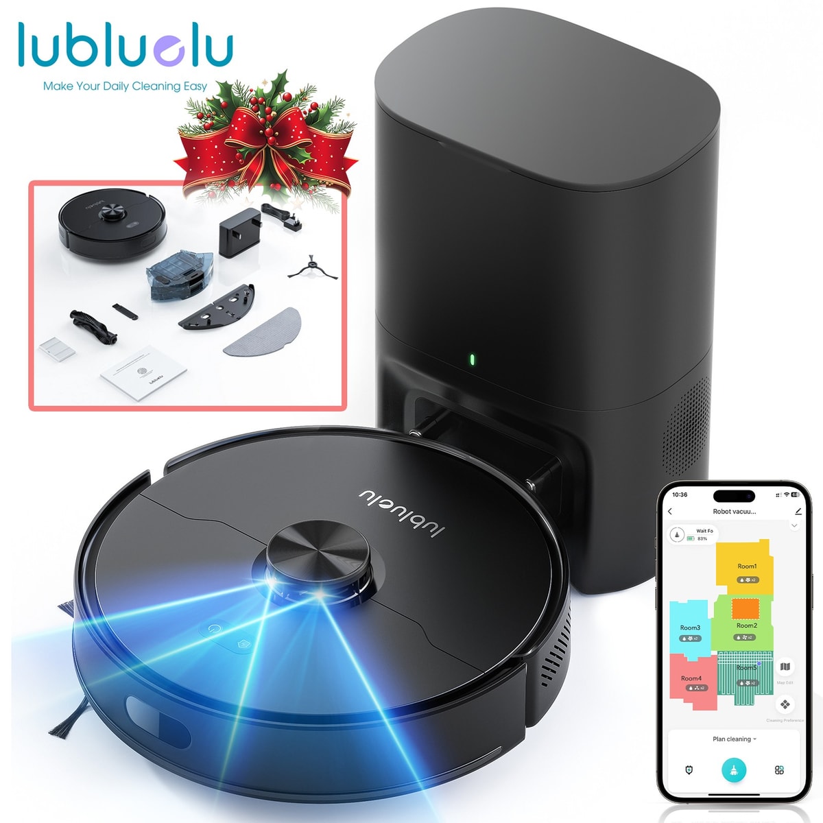 Lubluelu L15 MAX Laser Robot Vacuum Cleaner w/ Mop & 3L Self-Empty Station Gifts