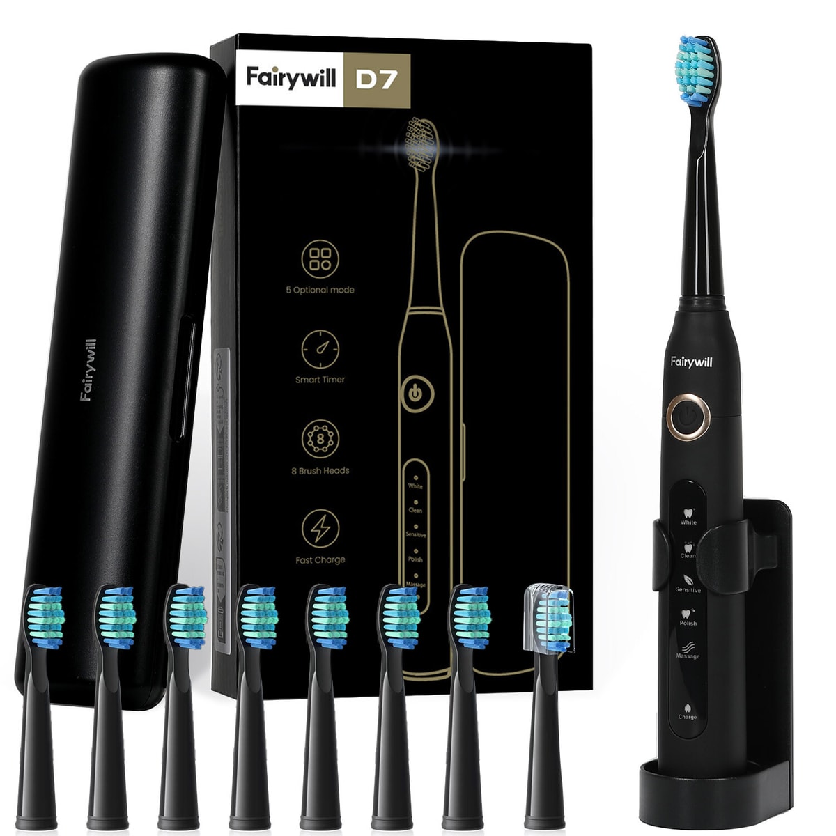 Fairywill Sonic Electric Toothbrush USB Rechargeable 8 Brushes Head Travel Case