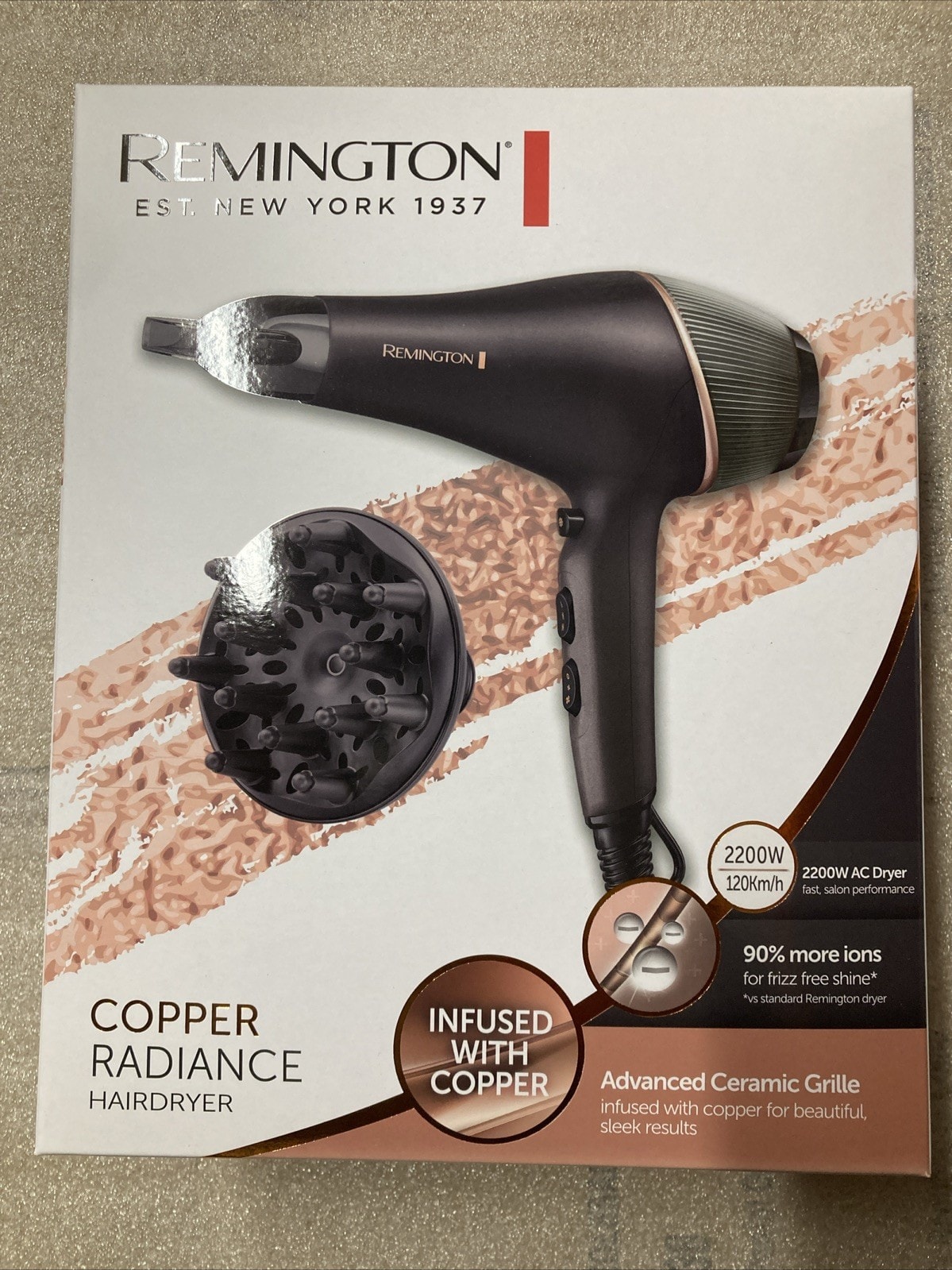 Remington Copper Radiance Hairdryer 2200W Diffuser Salon Quality 3 M Cord