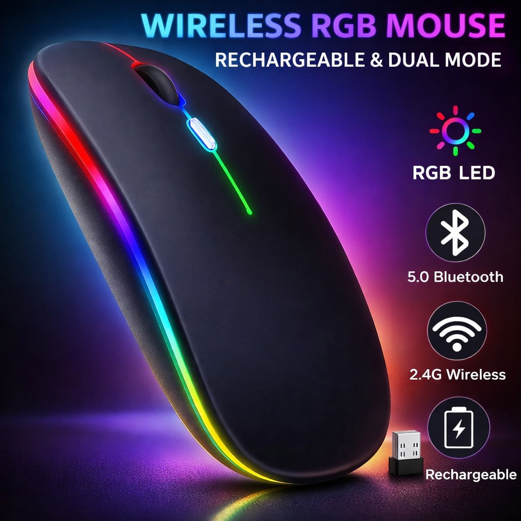 ✨ RGB Wireless Mouse 🔋 Rechargeable Bluetooth Gaming Mouse 🎮 3600 DPI Ergonomi
