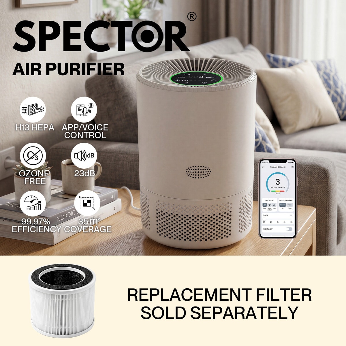 Spector Air Purifier HEPA APP Control Timer Filter Core 3-in-1 High-Efficiency