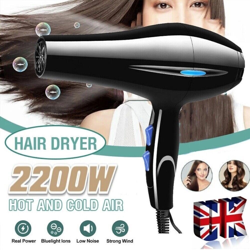 Hair Dryer 2200W Professional Style Nozzle Quiet Blower Pro Salon Dryer Blow UK