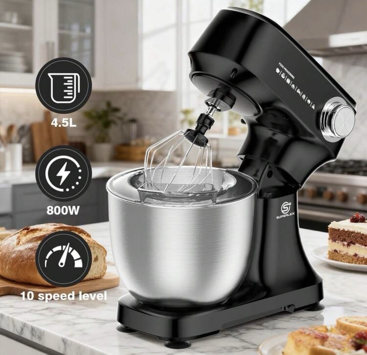 3-in-1 Stand Mixer 4.5L, 10 Speed Kitchen Machine With Hook, Whick & Eggbeater