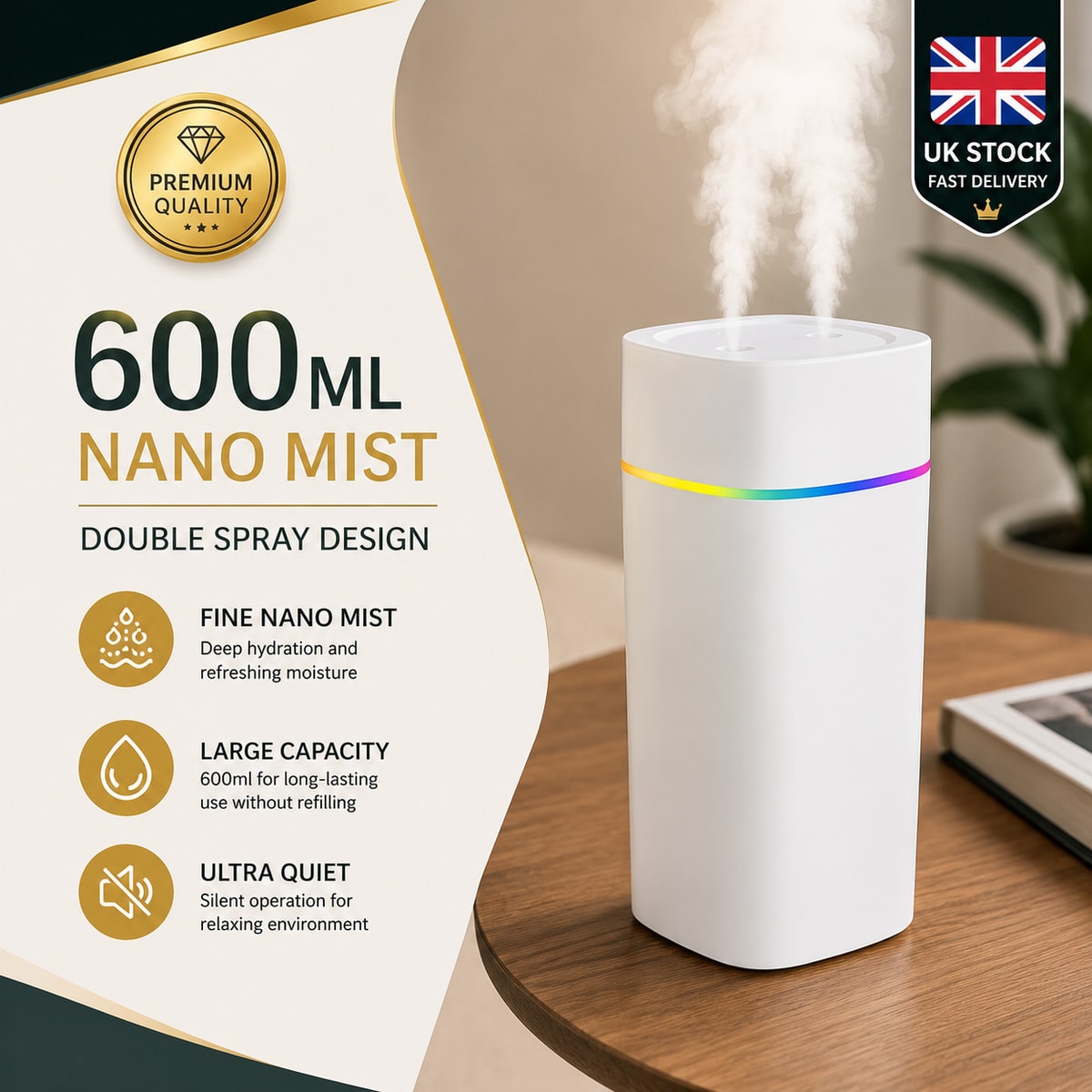 NEW 600ml USB Air Humidifier Aromatherapy Diffuser Double Spray White