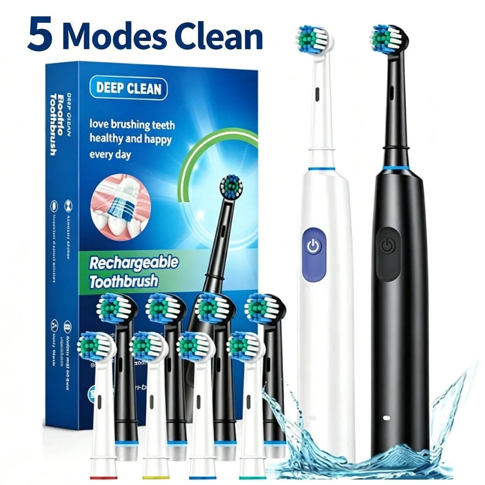Rechargeable Rotating Electric Toothbrush 5 Cleaning Modes Round Head 2Min Timer