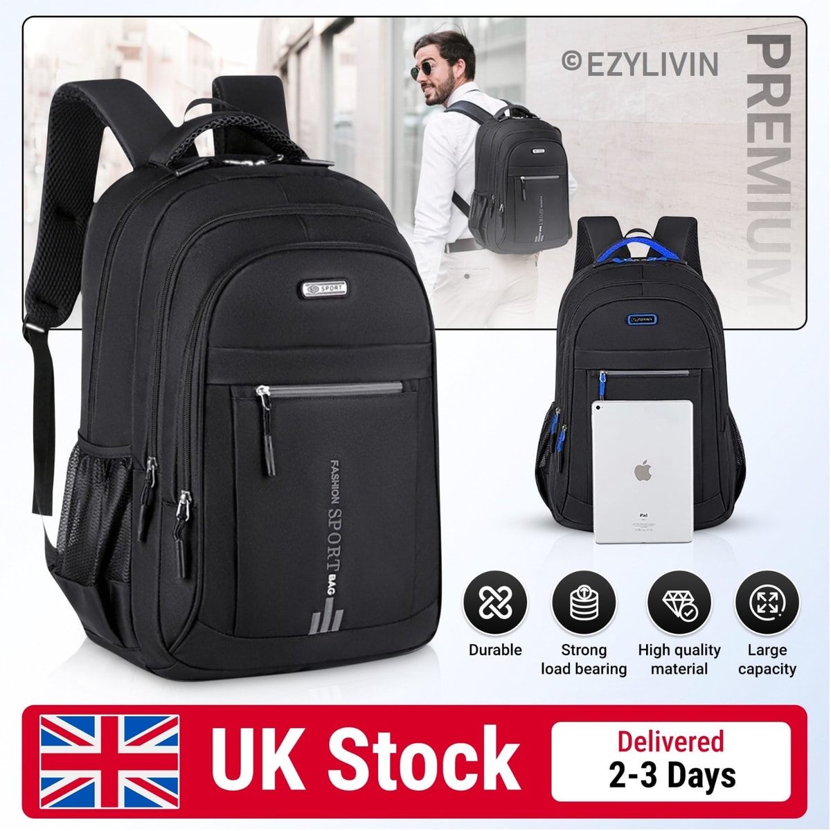 Black Rucksack Backpack Sports School Laptop Travel Cabin Bag for Men Women Boys