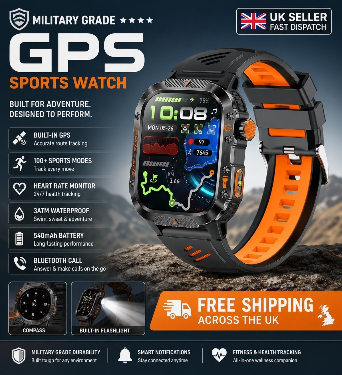 Military GPS Smart Watch Men Women Flashlight Bluetooth Call Tracker Fitness