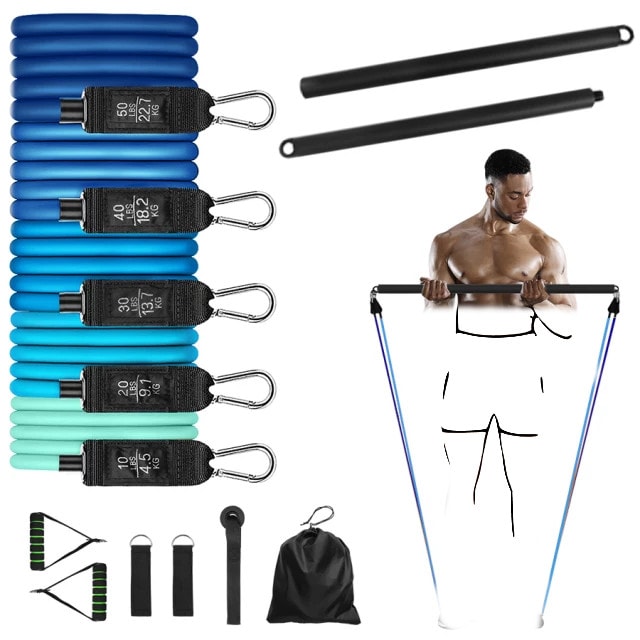 Resistance bands set with bar home gym pilates fitness training set 68kg+ EzBar