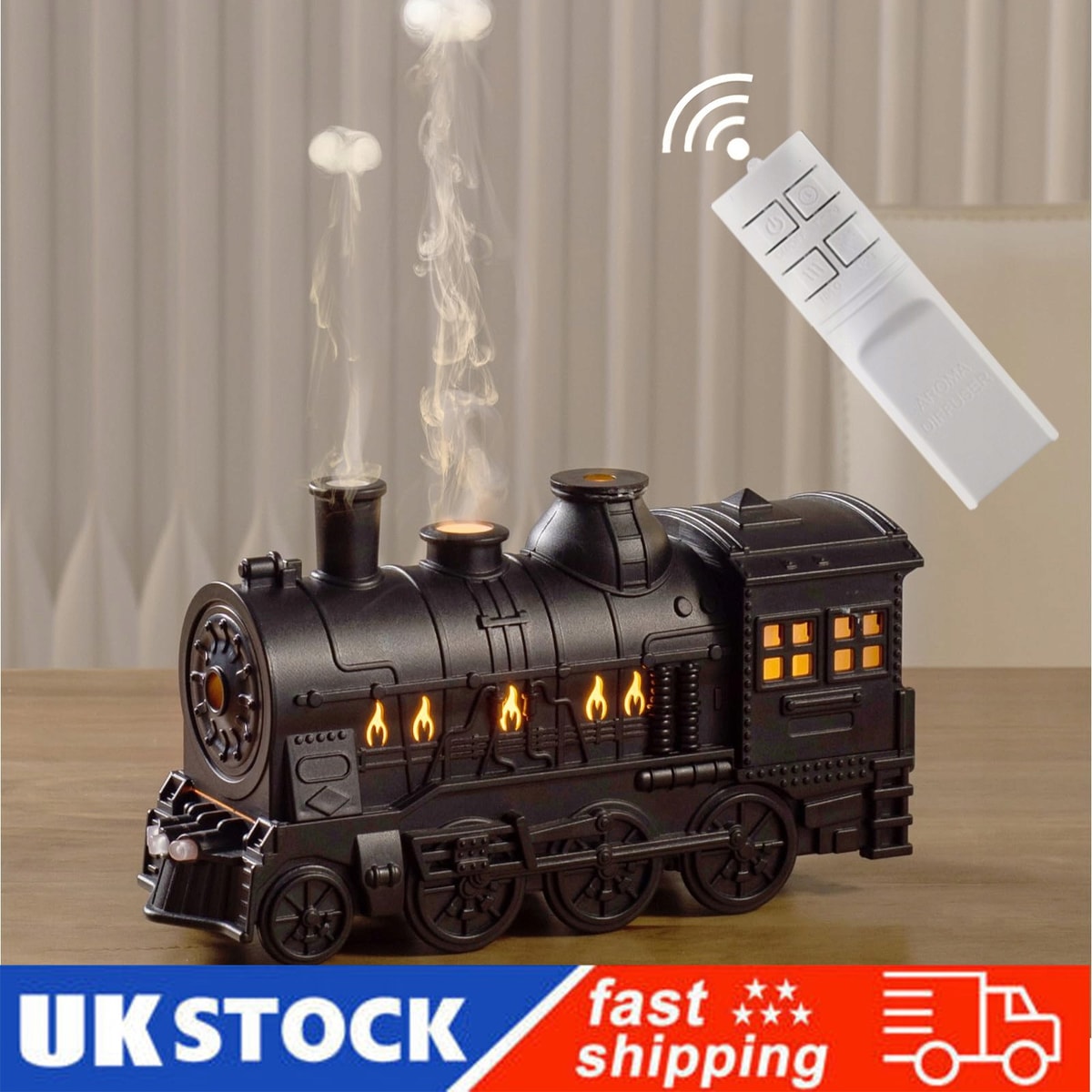 300ml Cold Mist Ultrasonic Humidifier Retro Train Aroma Oil Diffuser with Remote