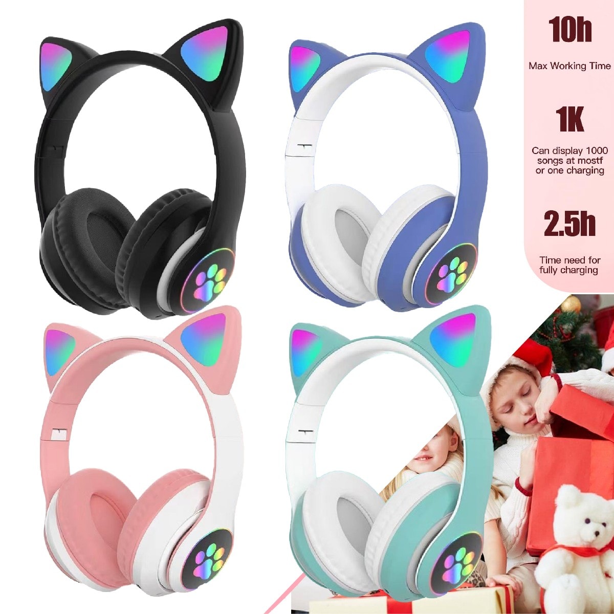 Kids Children Headphones Wireless Bluetooth Headset LED Lights Cat Ear Earphone
