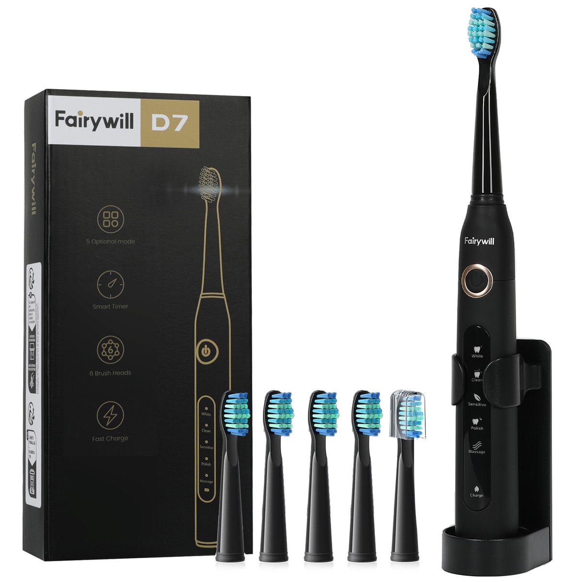 Teeth Whitening Fairywill Sonic Electric Toothbrush 6 Heads USB Waterproof IPX7