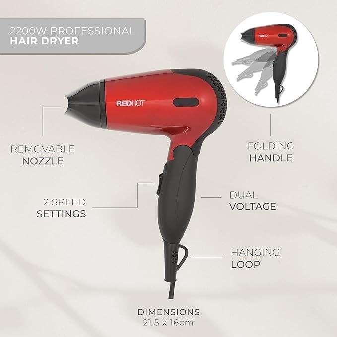 Travel Hair Dryer 1200W Dual Voltage Folding Handle Compact & Lightweight Red