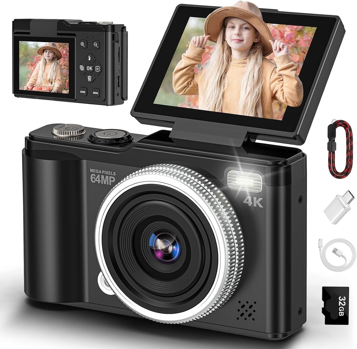 4K 64MP Digital 16x Camera with 32GB TF Card, 180° Flip Screen Autofocus Macro