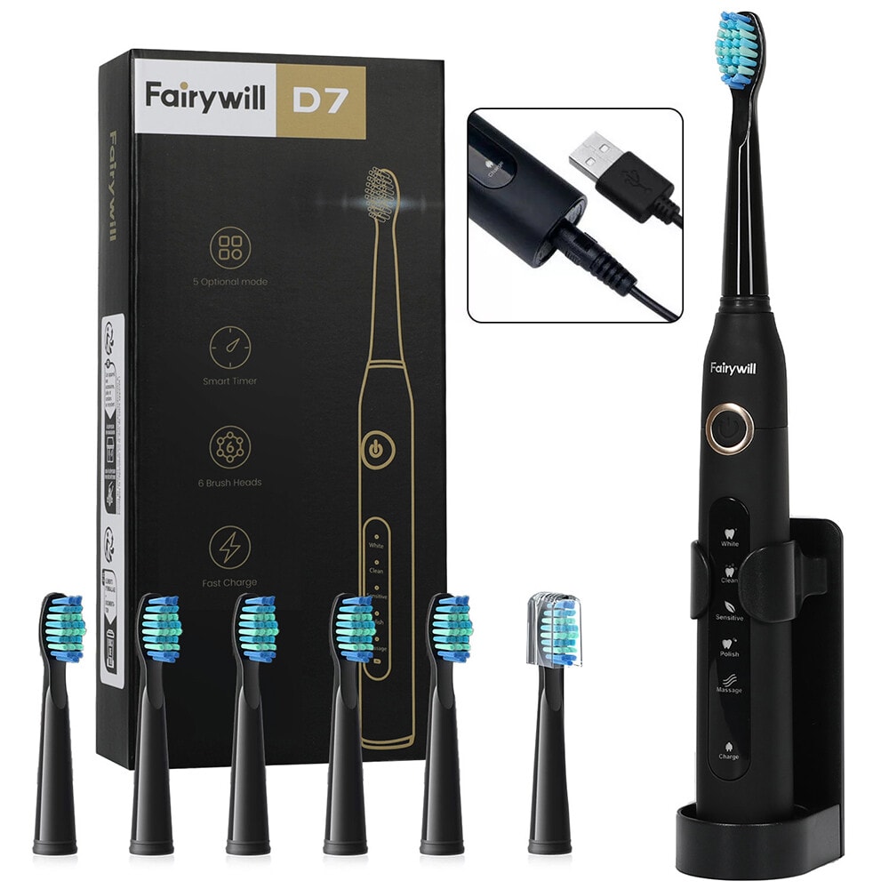 Fairywill Sonic Electric Toothbrush Clean Teeth Rechargeable 5 Modes 6X Heads