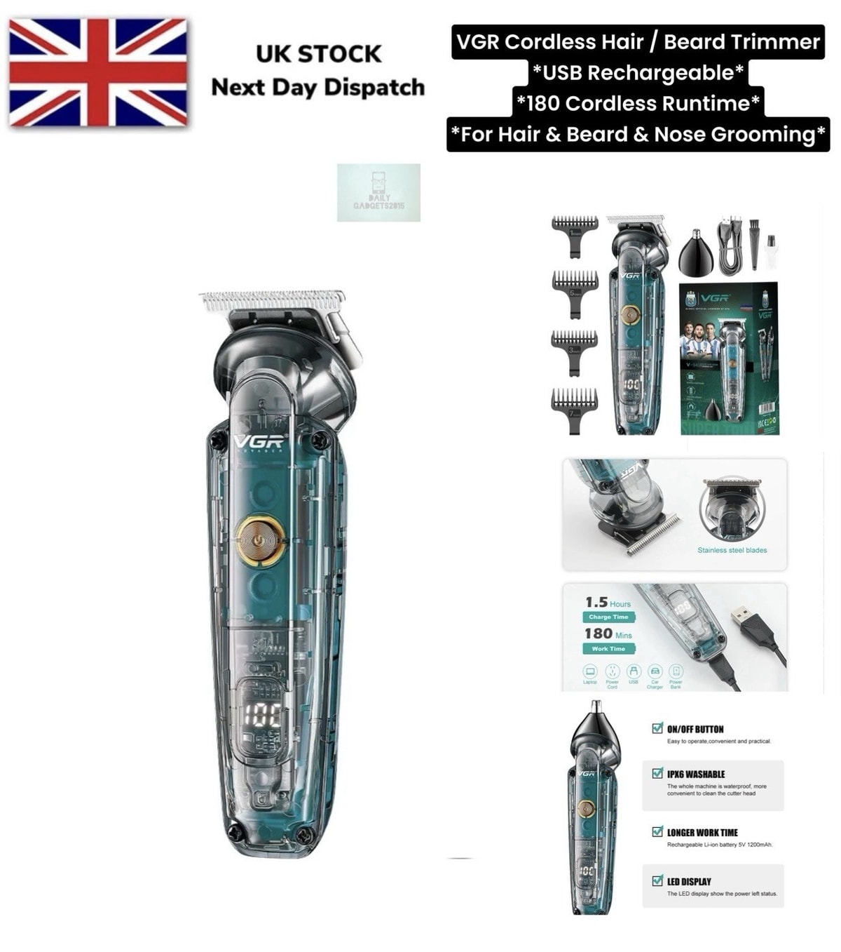 VGR Beard Trimmer Waterproof Wet Dry Cordless Shaver Kit Men’s Grooming Hair