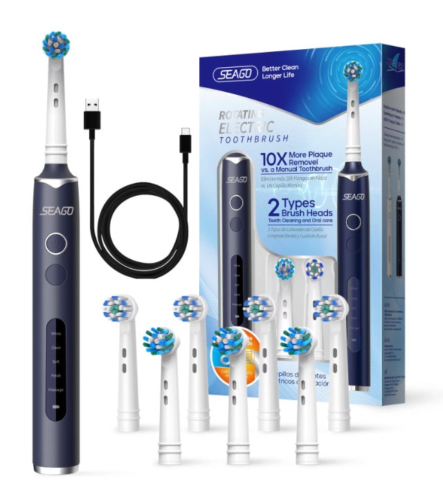 Rotating Electric Toothbrush Rechargeable 8 Heads 5 Modes SmartTimer