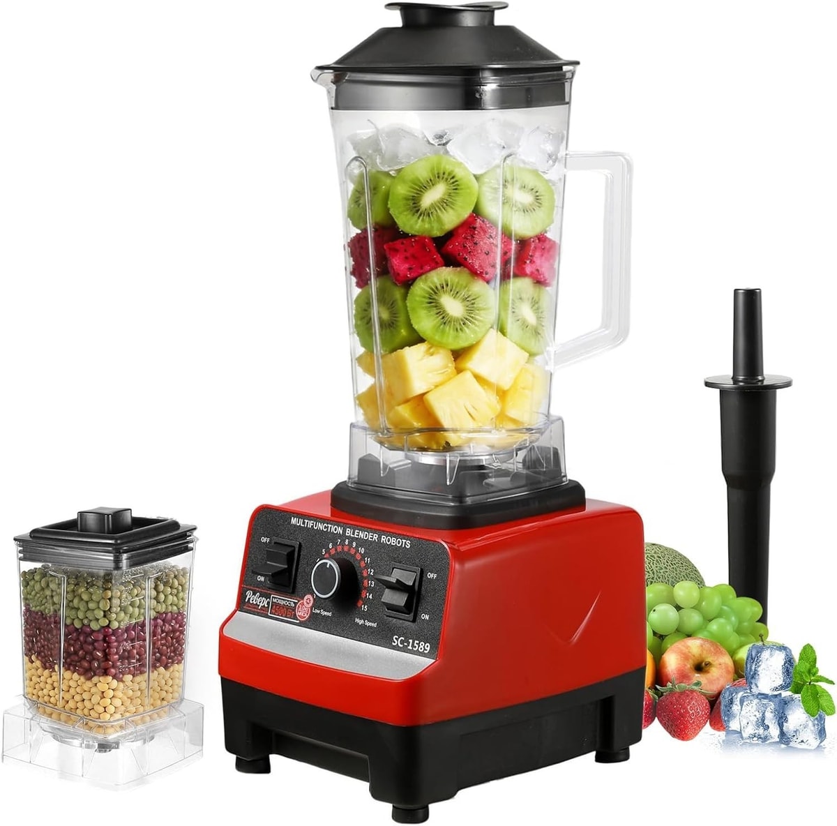 OMUIETIO - 2000W 2L Jug Blender with Grinder Attachment - Red