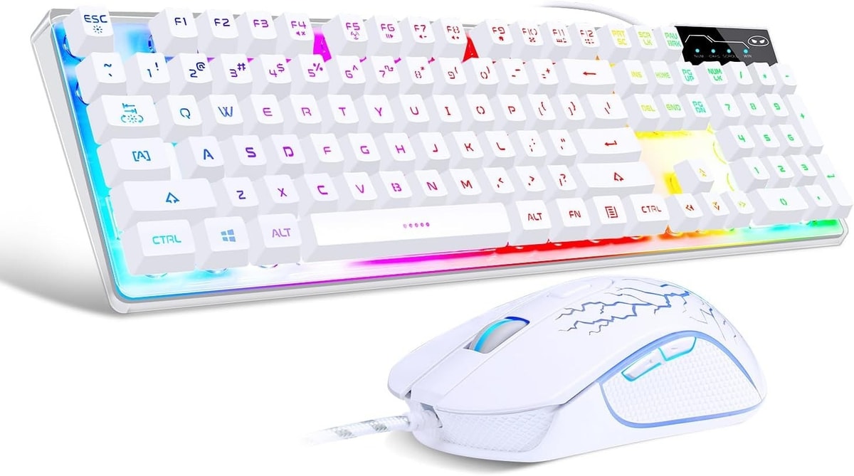 RGB Gaming Keyboard Mouse Combo White LED Backlit 104 Keys PC Laptop