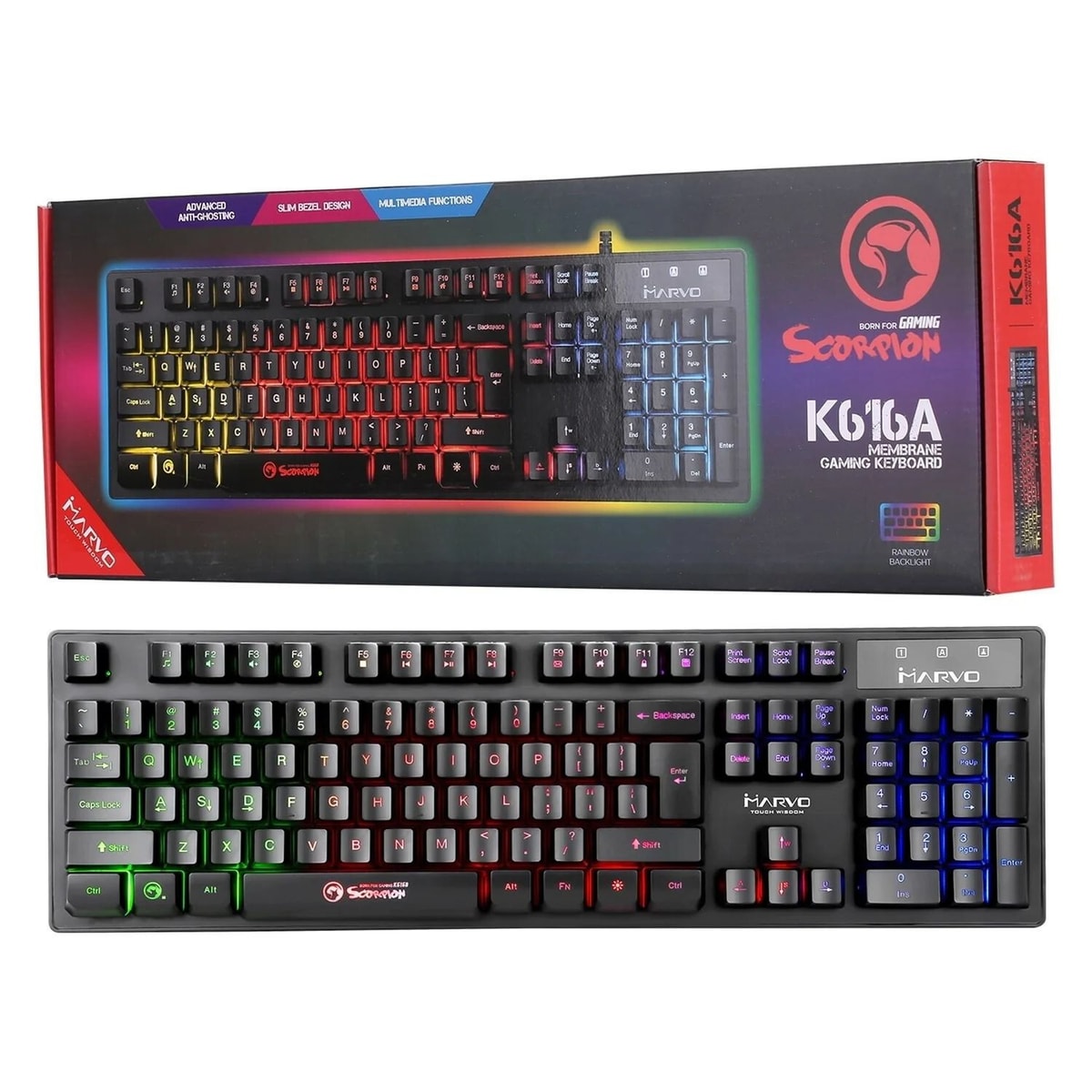 Marvo Scorpion K616A Gaming Keyboard, 3 Colour LED Backlit, USB 2.0, UK Seller