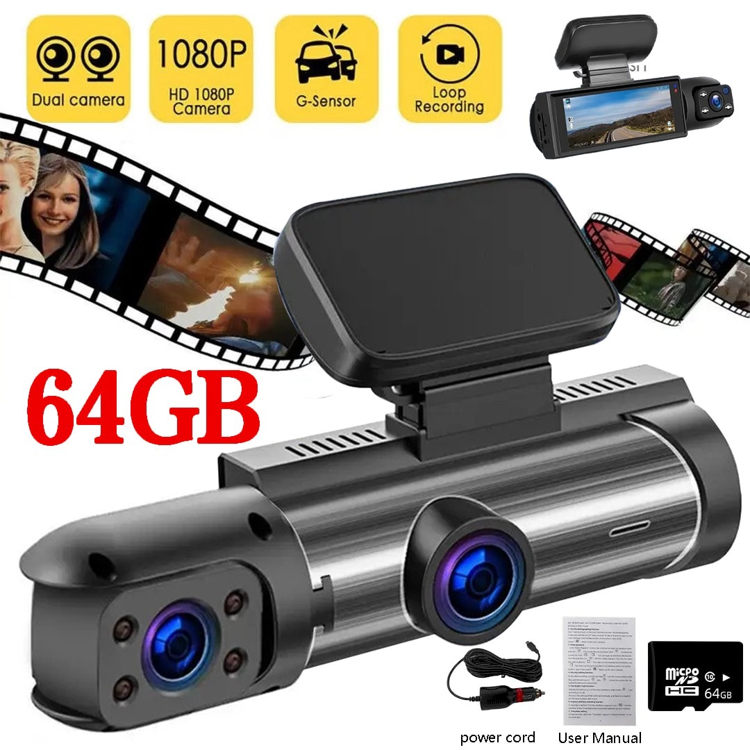 1080P G-Sensor Car Dash Cam Recorder Dual Lens DVR Camera Video with 64GB Card